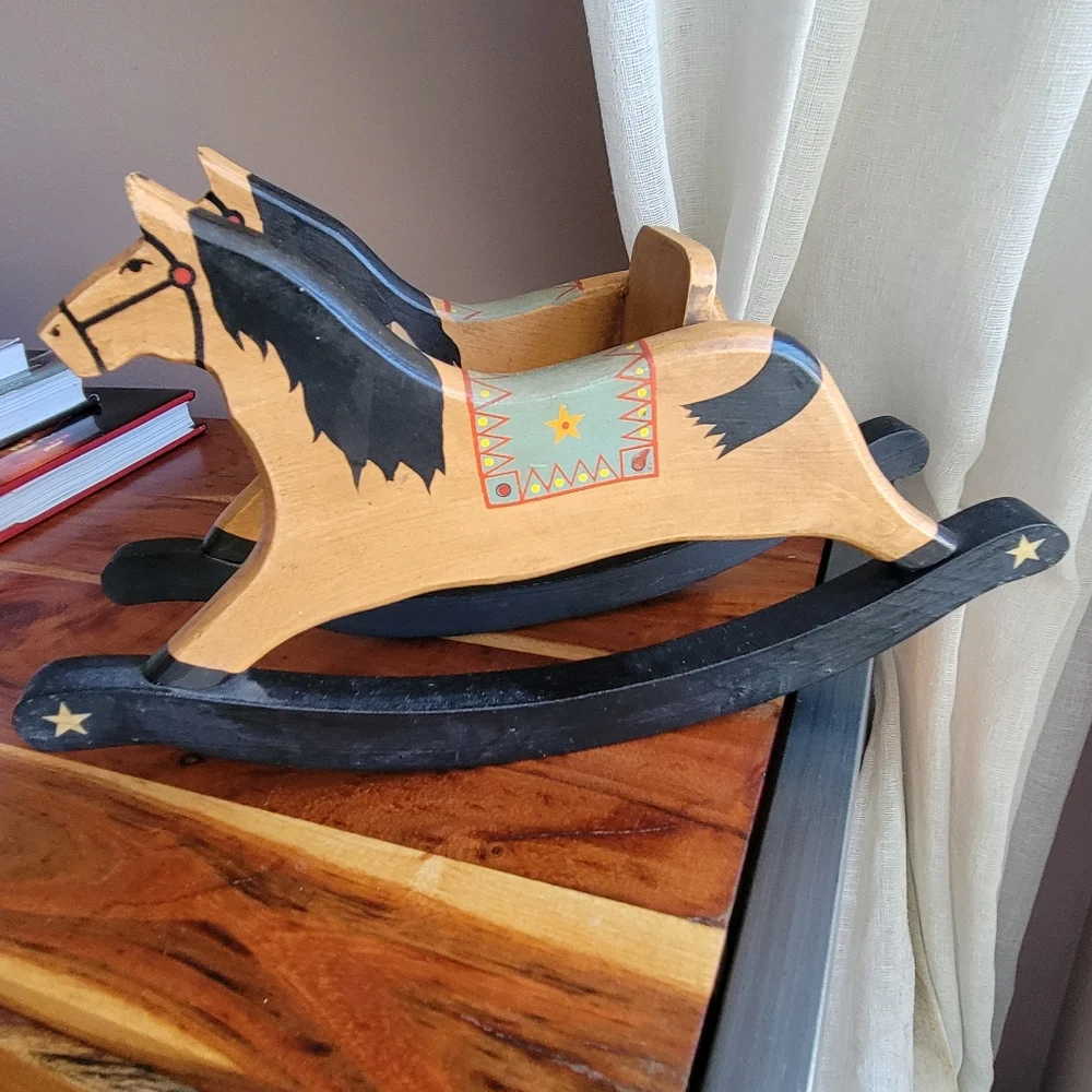 Vintage Handcrafted Wooden Rocking Chair Horse Decor For Doll Black/Brown